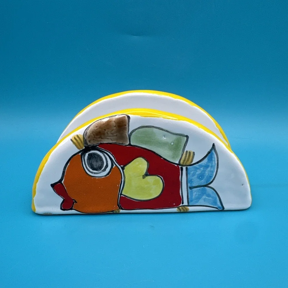 Nino Parrucca Napkin Holder or Letter Holder w Fish Art Pottery Made In Italy‎